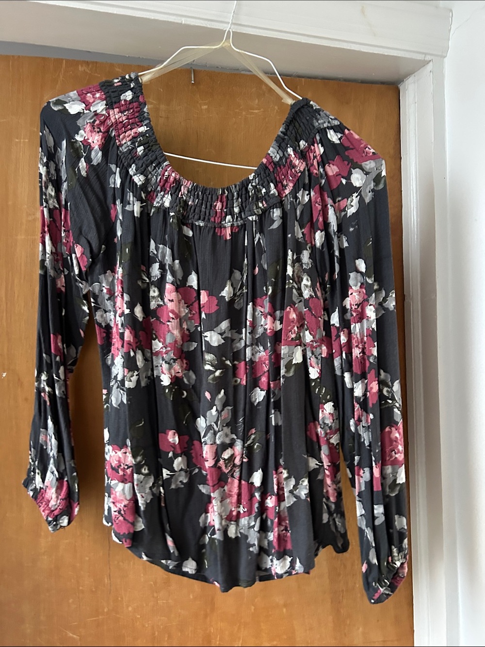 Cape Juby Dark Grey Blouse with Pink & White Print